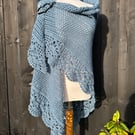 Blue grey alpaca rich lace triangle draping shawl 