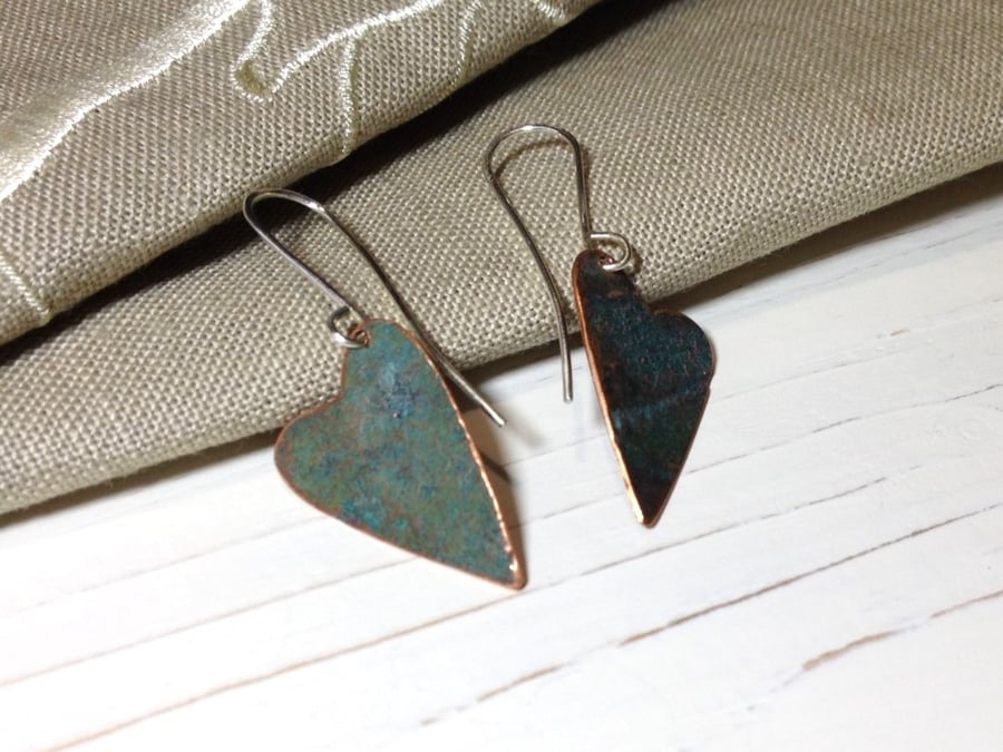 Patinated Copper Heart drop Earrings. 