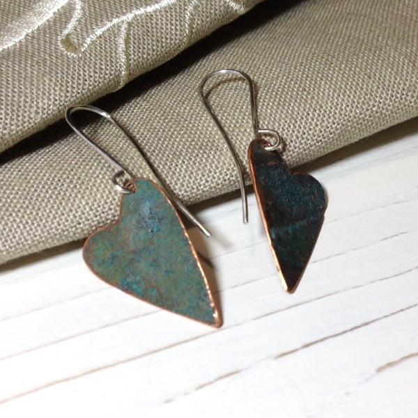 Patinated Copper Heart drop Earrings. 