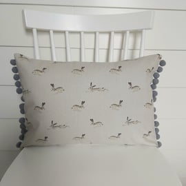 Sophie Allport Hares  Cushion with Dark Grey Pom poms