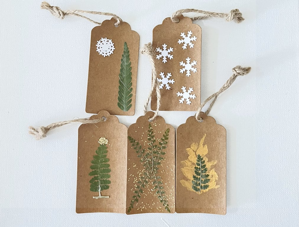Handmade Christmas Gift Tags Real Pressed Fern leaf Pack of 5 