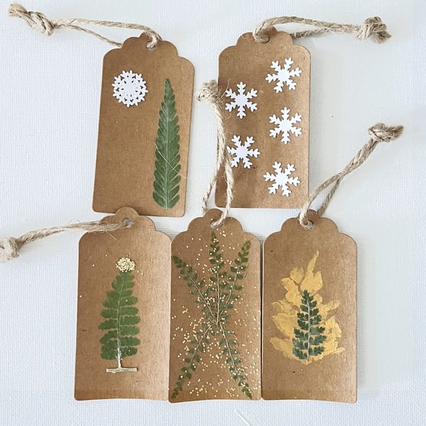 Handmade Christmas Gift Tags Real Pressed Fern leaf Pack of 5 