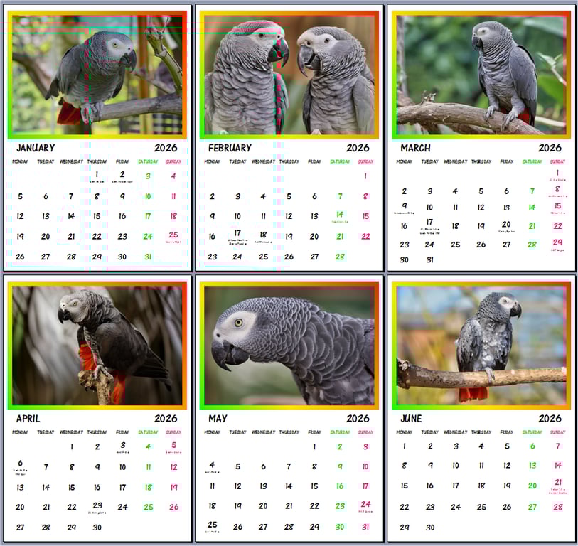2026 A4 Calendar African Grey & Timneh Parrots 