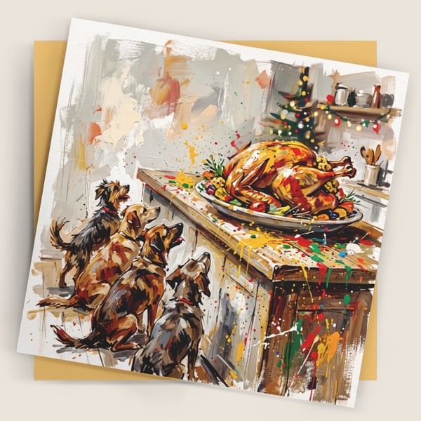 Dogs & Christmas Turkey – Premium Festive Greeting Card