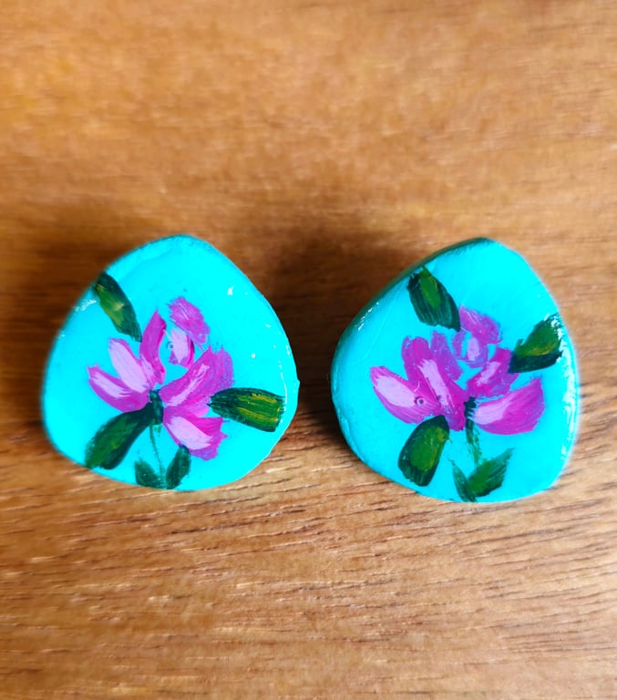 Hand-Painted Turquoise Floral Earrings 