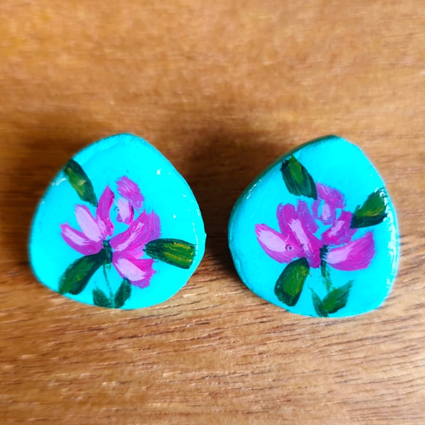 Hand-Painted Turquoise Floral Earrings 