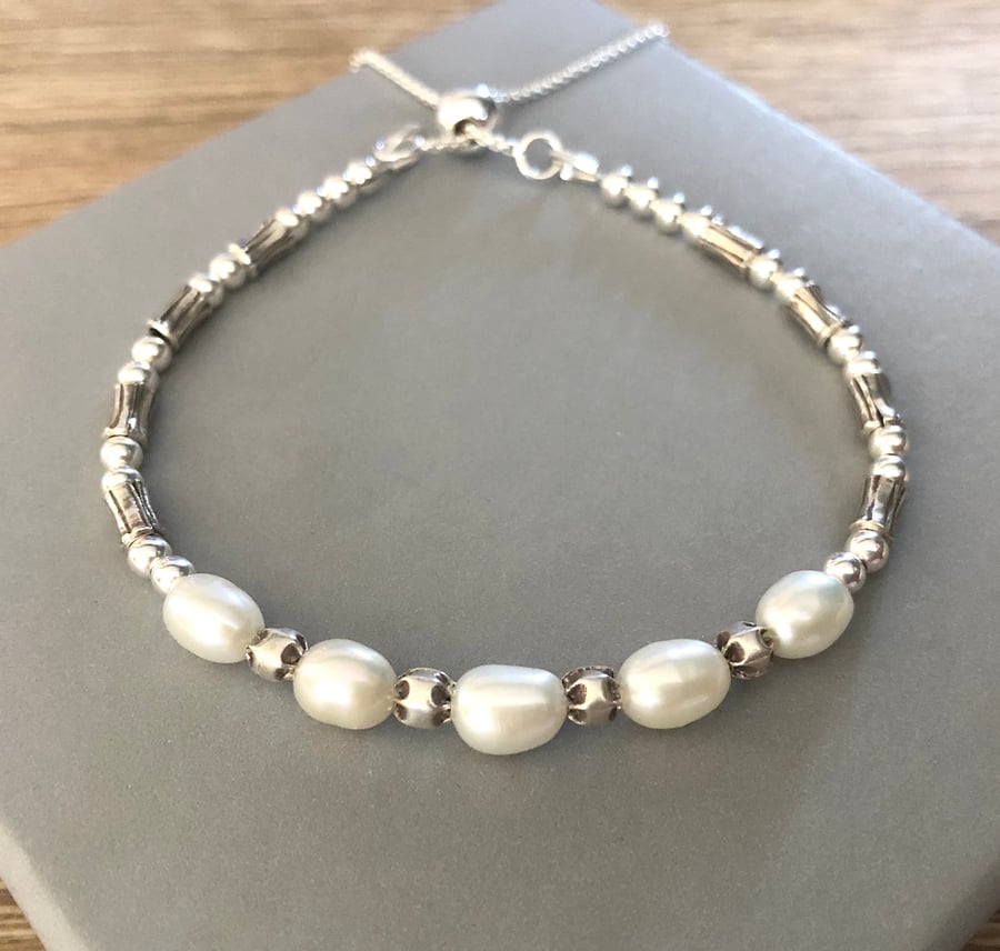 Sterling Silver White Pearl Adjustable Slider Clasp Friendship Bracelet