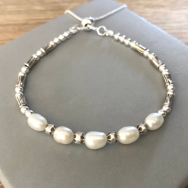 Sterling Silver White Pearl Adjustable Slider Clasp Friendship Bracelet