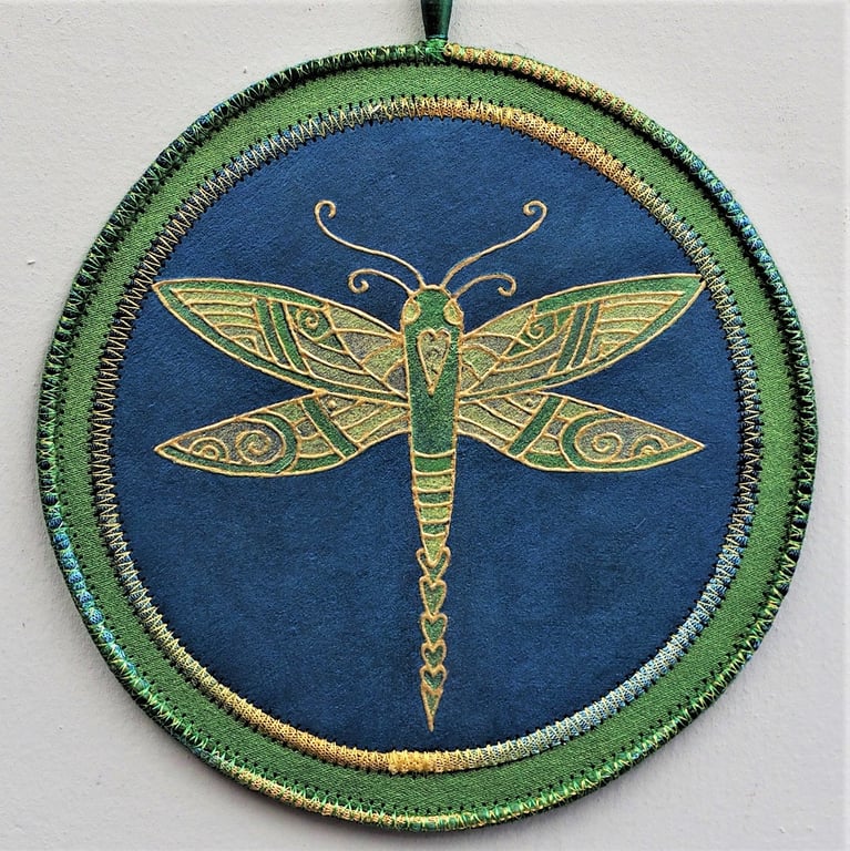 DFPM02-Dragonfly Mandala Wall Hanging-17.5cm diameter-Navy Blue-Olive-Gold