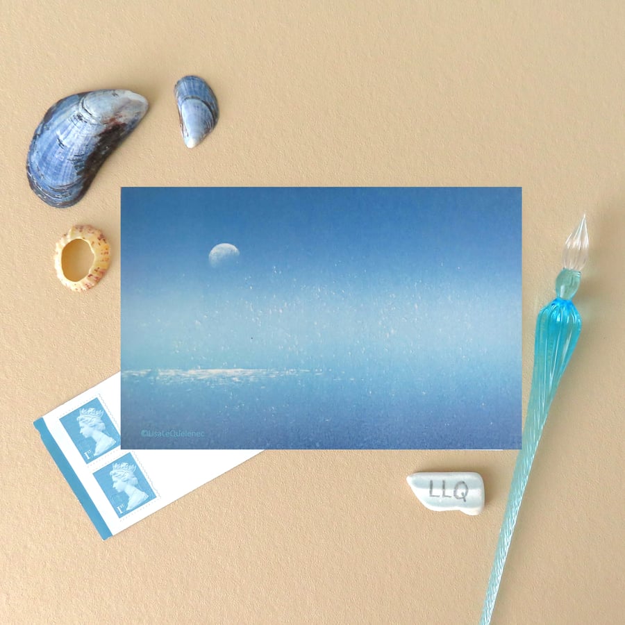 Moon over the sea blank greeting card, notelet, notecard, cellophane free