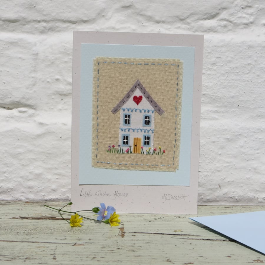 Hand-stitched miniature 'Little White House' on card, new home?