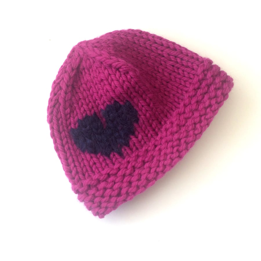 Vibrant Pink Hat , Hand knitted chunky wool hat with blue decorated heart