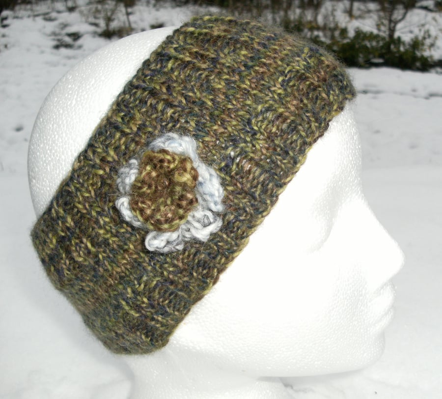 Hand knitted Flowered Headband in khaki tweed
