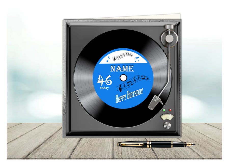 Personalised Vinyl Record on turntable birthday card with blue label 