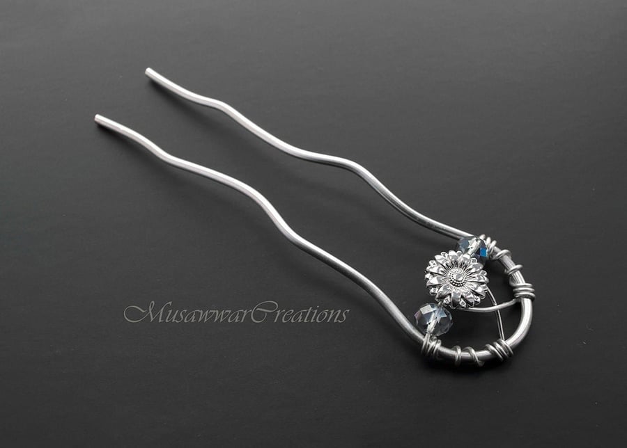 Silver charm and silver plated copper hair fork, hair bun holder , hair fork for