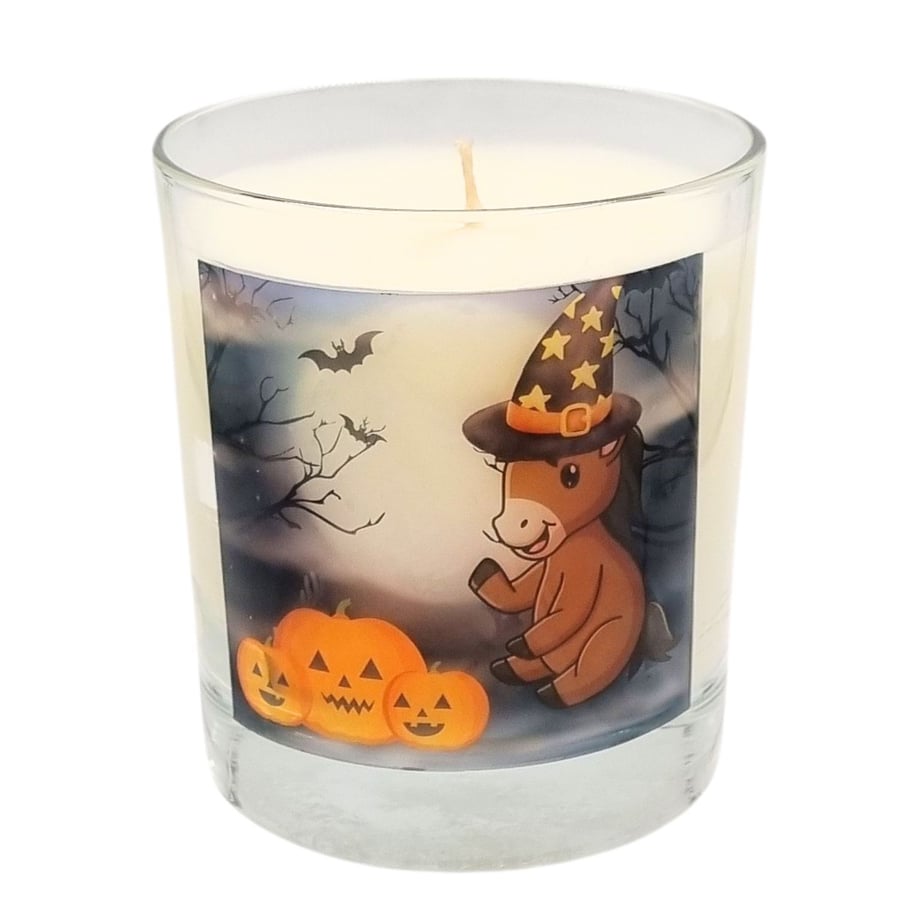 Scented Candle in Glass Halloween Cute Pony Design 6 Fragrances Wax Blend