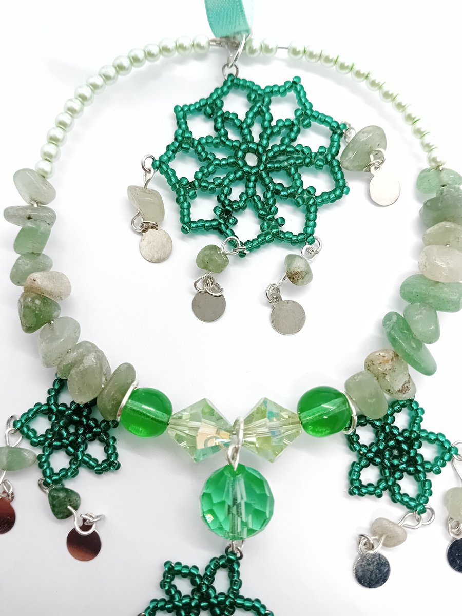 Turquoise beaded flower and semi-precious stone glittering sun catcher