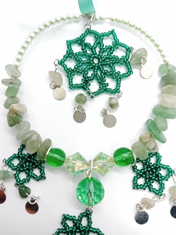 Turquoise beaded flower and semi-precious stone glittering sun catcher