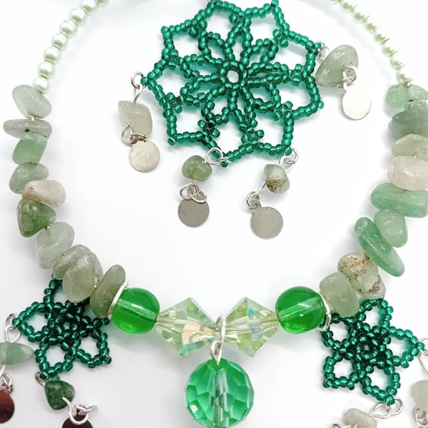 Turquoise beaded flower and semi-precious stone glittering sun catcher