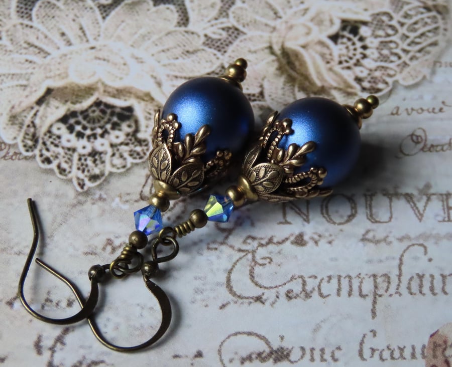 Iridescent Dark Blue Swarovski Crystal Pearl Dangle Earrings