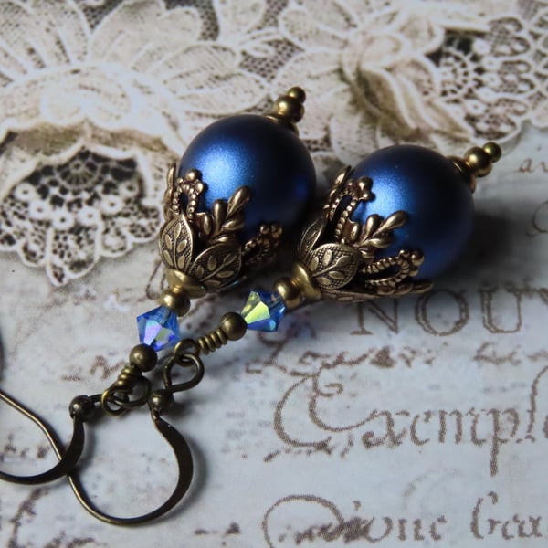 Iridescent Dark Blue Swarovski Crystal Pearl Dangle Earrings