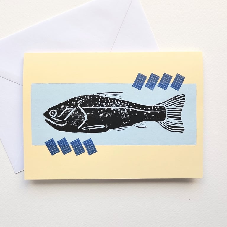 Trout fish hand-printed blank greetings card