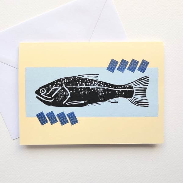 Trout fish hand-printed blank greetings card