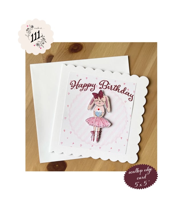 Girls Happy Birthday card with scallop edge and 3D effect character, gift tags