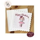 Girls Happy Birthday card with scallop edge and 3D effect character, gift tags