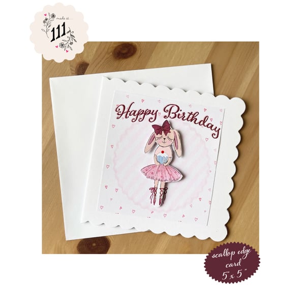 Girls Happy Birthday card with scallop edge and 3D effect character, gift tags