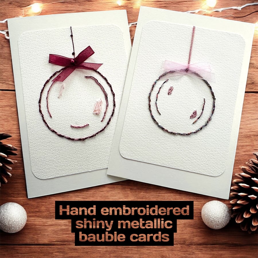 Embroidered Christmas card, tree baubles, shiny metallic with ribbon bows