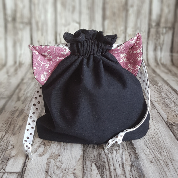 Reusable Cat Gift Bag - Upcycled Fabric Drawstring Bag with Cat Ears