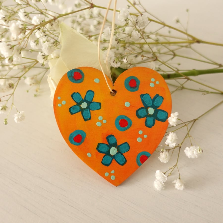 Orange and Turquoise Flowers Hanging Heart, Floral Home Decoration 