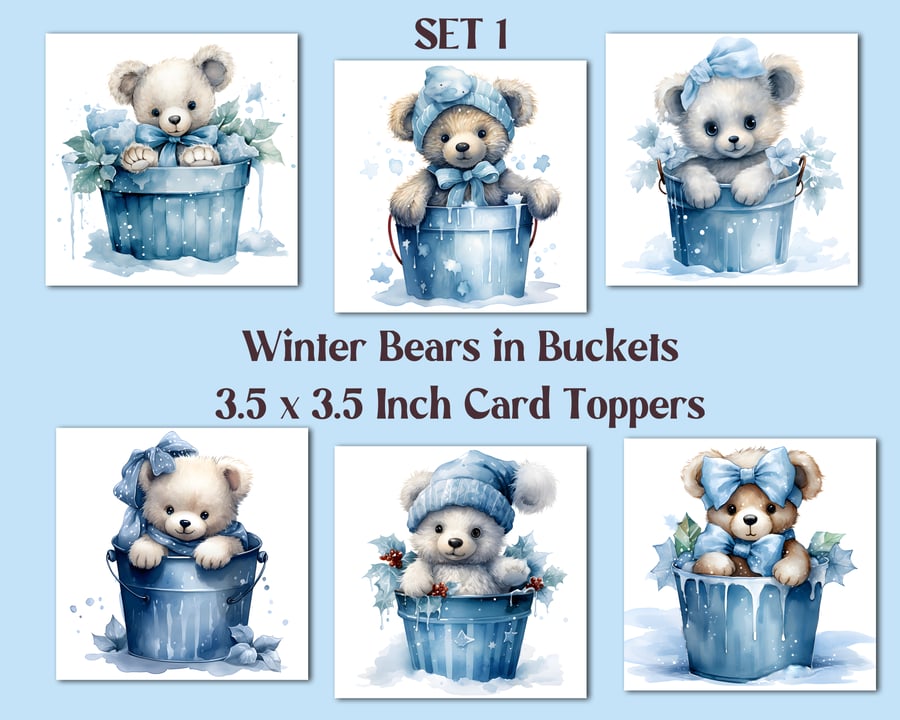 Winter Bears in Buckets Square Card Toppers for Card Making, Tags, Journals
