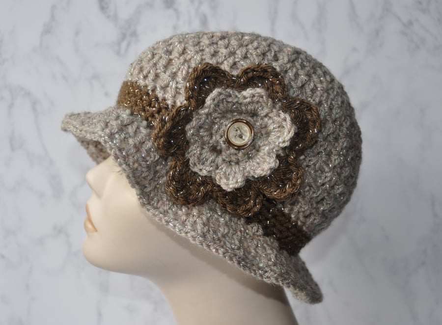 Hand Crocheted Cloche Flapper Hat Beanie Beige Brown Sparkle Flower Free Post