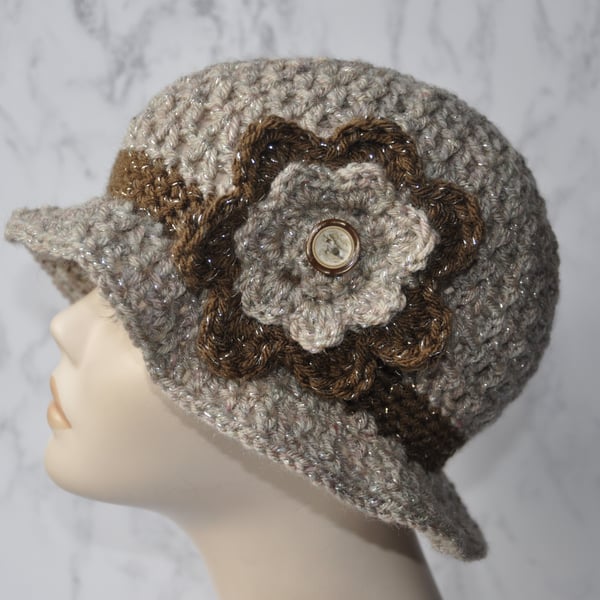 Hand Crocheted Cloche Flapper Hat Beanie Beige Brown Sparkle Flower Free Post