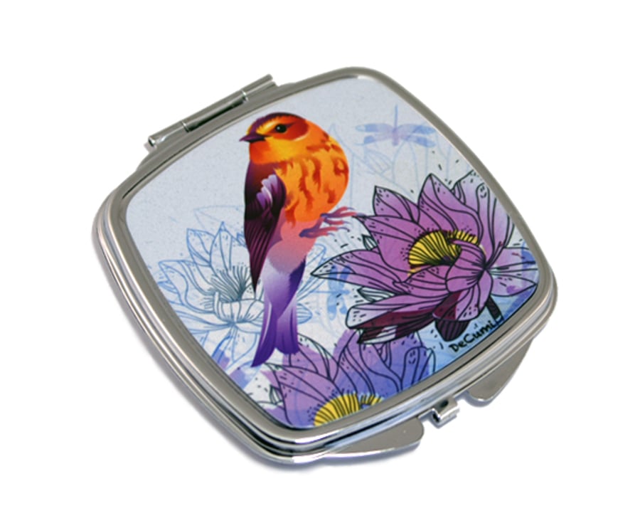 SALE: Compact Mirror for pocket or handbag with bird and flowers. M10