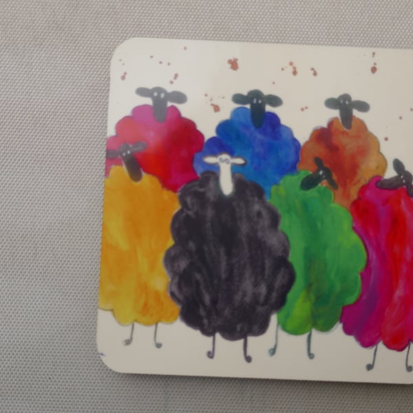 Colourful Sheep Quirky   Coaster 9 cm x 9 cm