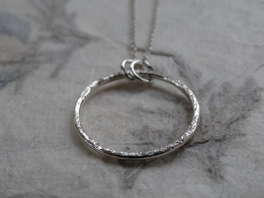 Silver hoop pendant - recycled sterling silver - silver frost textured hoop