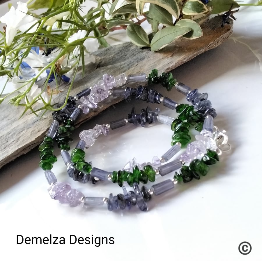 Dainty Chrome Diopside, Amethyst & Iolite Sterling Silver Necklace ONE OFF