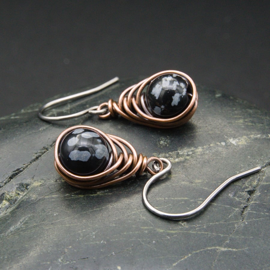 Copper Wire Wrapped Earrings with Snowflake Obsidian Beads