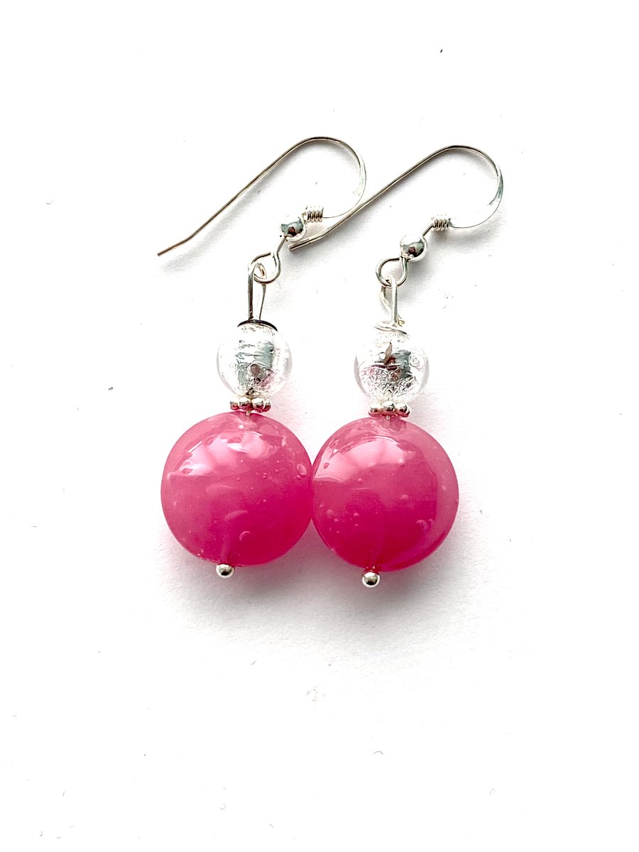 Murano glass pink and silverearrings with Swarovski crystal and steriing silver.