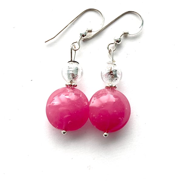 Murano glass pink and silverearrings with Swarovski crystal and steriing silver.