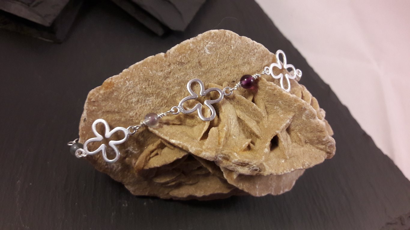 Sterling Silver Open Flower and Fluorite Adjustable Bracelet