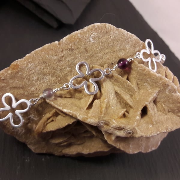 Sterling Silver Open Flower and Fluorite Adjustable Bracelet