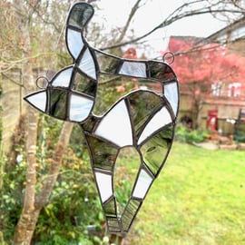 Stained Glass Patchwork Cat Suncatcher - Handmade Decoration - Black White