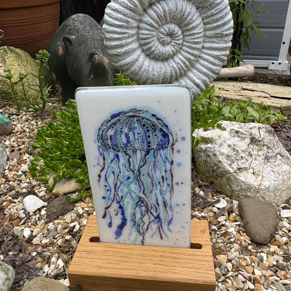 Handmade hand painted fused glass jellyfish with freestanding solid oak stand