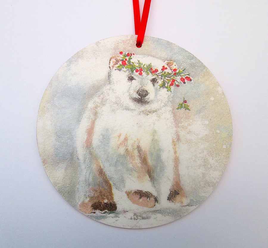 Christmas polar bear wood decoupage hanging decoration