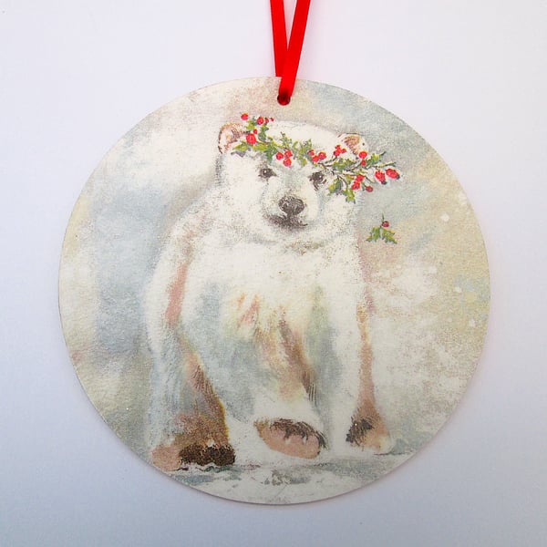 Christmas polar bear wood decoupage hanging decoration