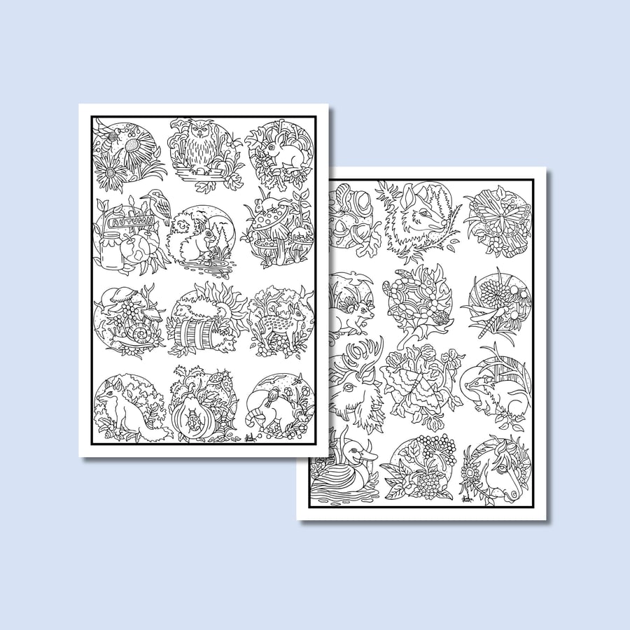 (Digital) Autumn Wildlife 24 Miniature Illustrations On Two Colouring Pages